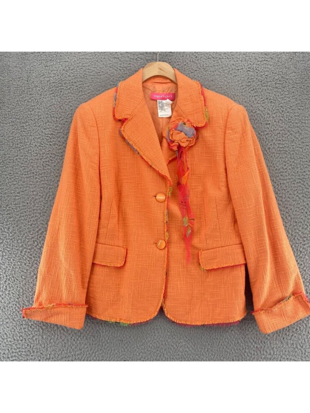 Apriori Blazer Womens 12 Orange Cotton Tweed Vintage Silk Fringe Flower Jacket